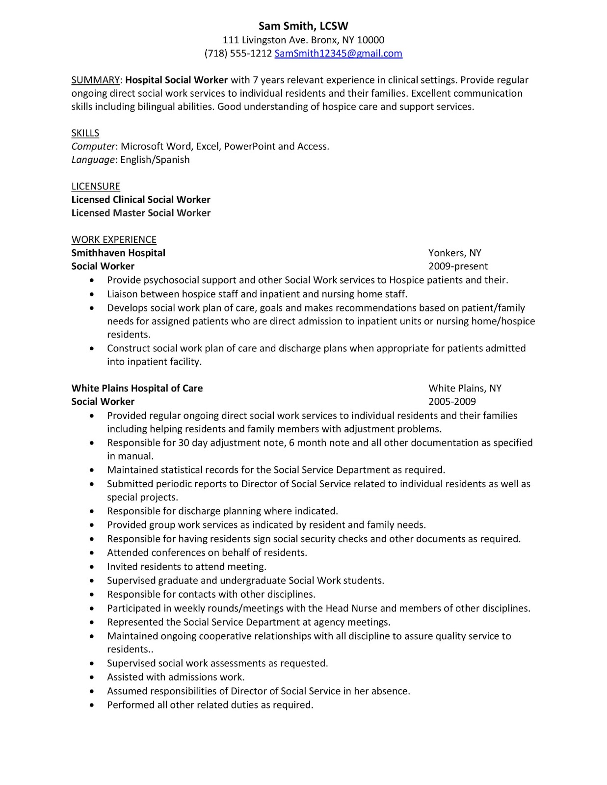 Sample resume for social service work